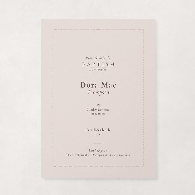 Rosa religiös dop med scalloped-kors inbjudningar (Grace - Scallop Border Baptism Invitation in Blush Pink)