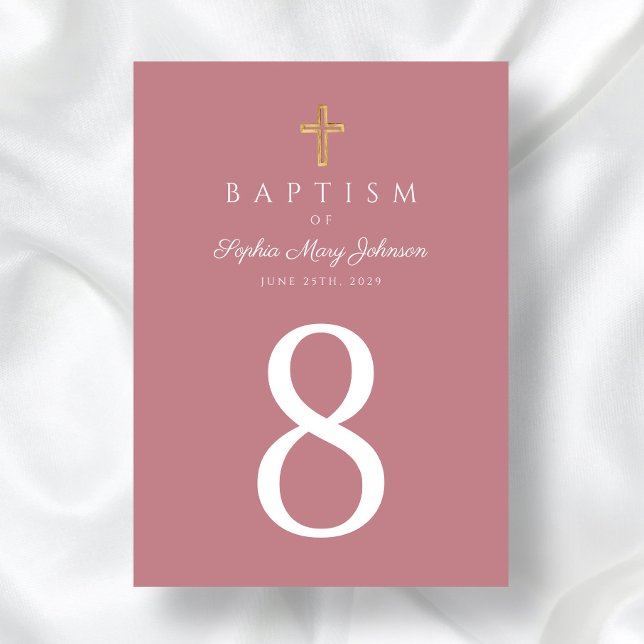 Rosa Religiösa Kor Girl Baptism Bordsnummer (Pink Religious Cross Girl Baptism Table Number)