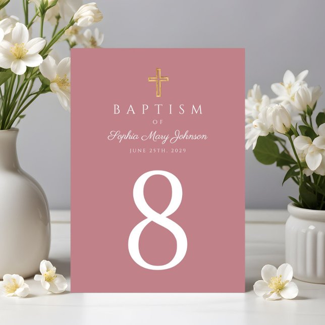 Rosa religiöst kors flicka dop bordsnummer (Pink Religious Cross Girl Baptism Table Number)