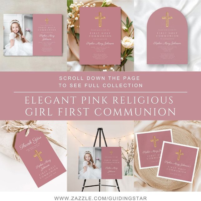 Rosa religiöst kors flicka första nattvarden presentetikett (Pink Religious Cross Girl First Communion Gift Tags)