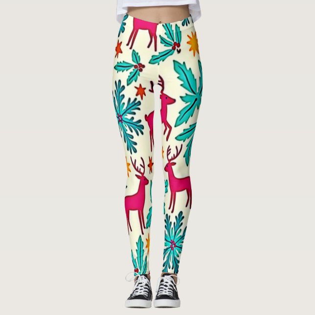 Rosa renar Teal Träd Mönster Design Leggings (Framsida)
