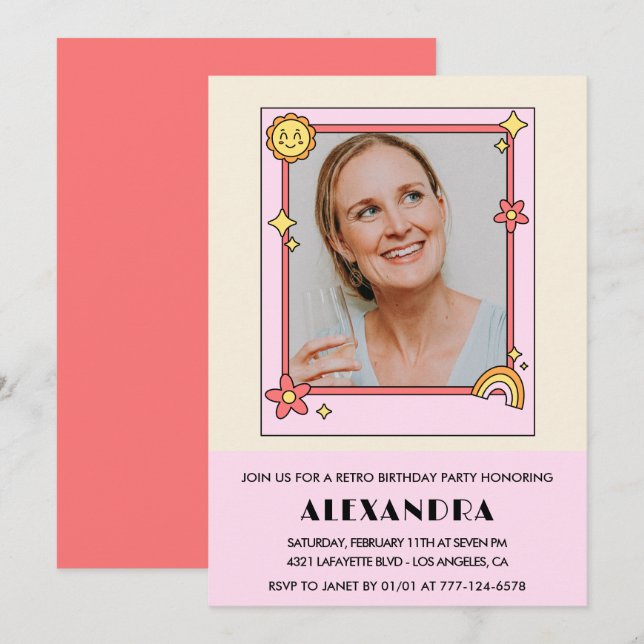 Rosa Retro 70s Groovy Photo 61:a födelsedag Inbjudningar (Fram/baksida)