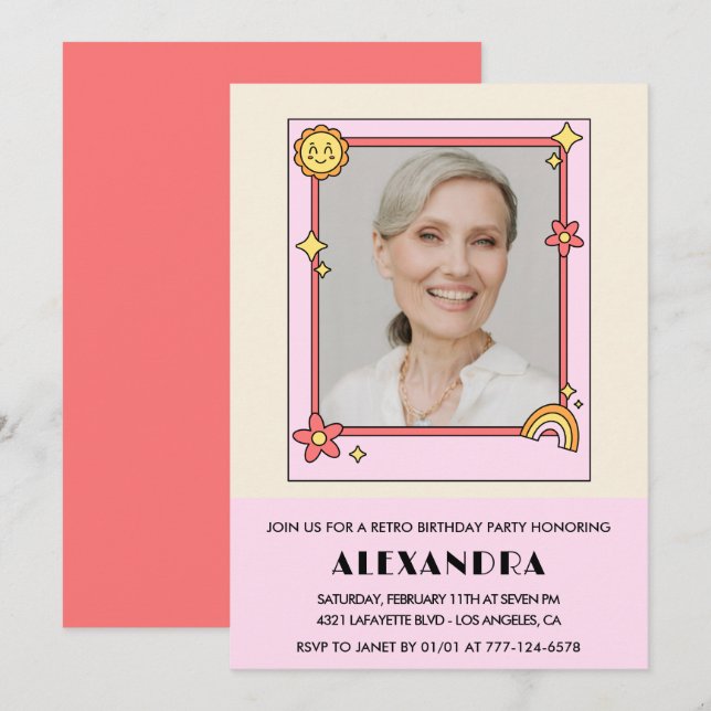Rosa Retro 70s Groovy Photo 87:e födelsedag Inbjudningar (Fram/baksida)