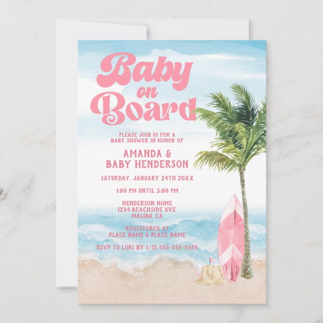 Rosa Retro Baby ombord på Surfan Babykläder Inbjudningar (Framsida)