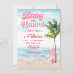 Rosa Retro Baby ombord på Surfan Babykläder Inbjudningar