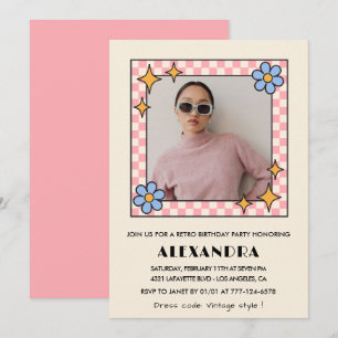Rosa Retro Blommig Foto 34-års födelsedagsinbjudan Inbjudningar