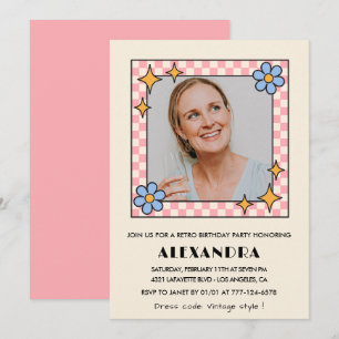 Rosa Retro Blommig Foto 48-års inbjudan