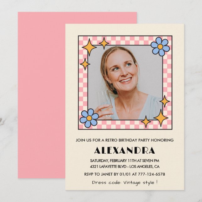 Rosa Retro Blommig Foto 62-års födelsedagsinbjudan Inbjudningar (Fram/baksida)