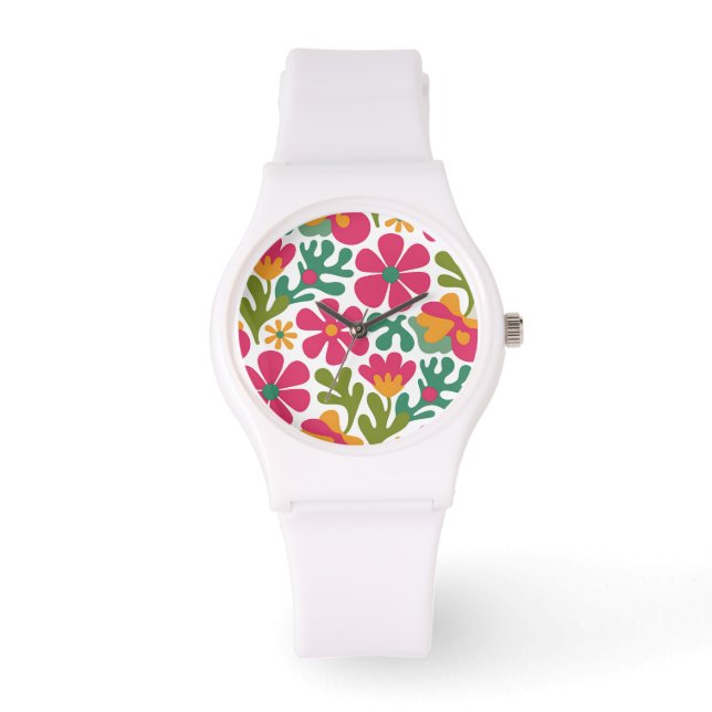 Rosa Retro Blommig Groovy Mönster Armbandsur (Framsida)
