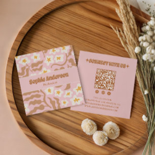 Rosa Retro Blommig QR-kod Fyrkantigt Visitkort