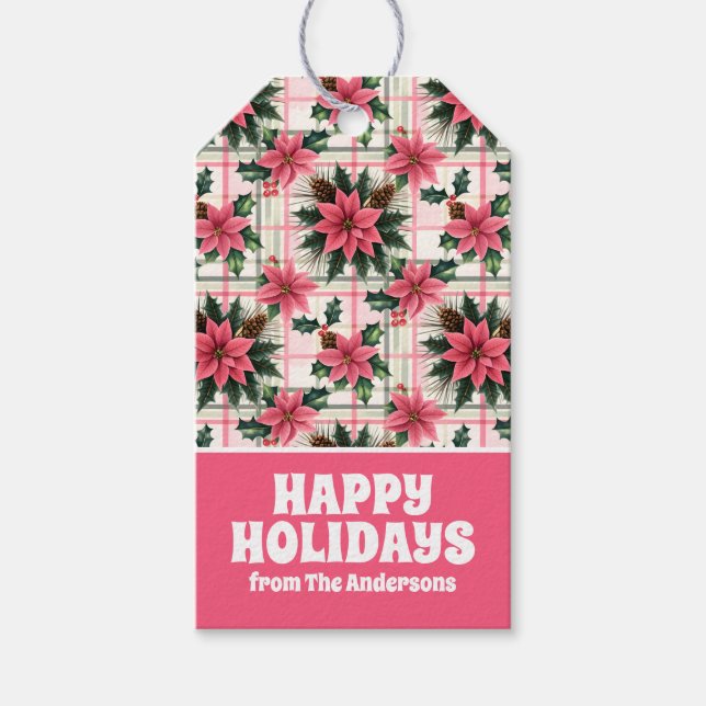 Rosa Retro-Blommigten  P God jul Presentetikett (Framsidan)