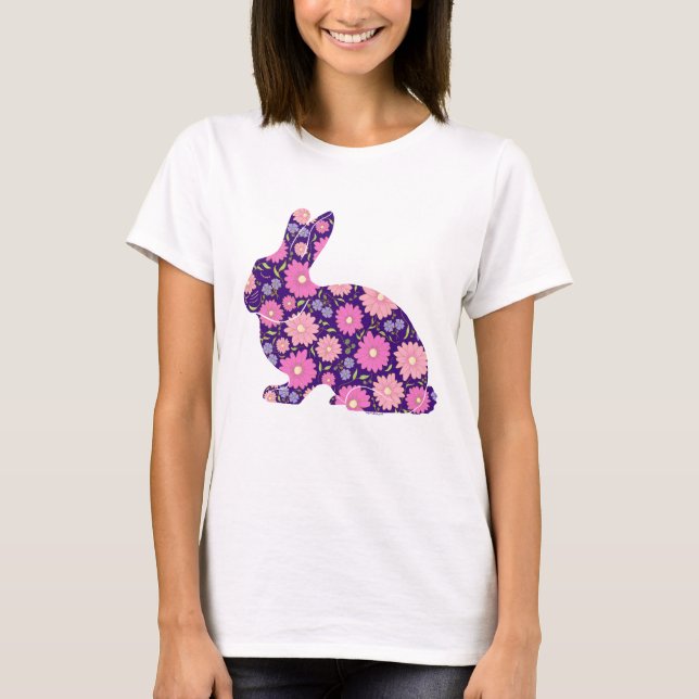 Rosa Retro bunny kanin och blommor T Shirt (Framsida)