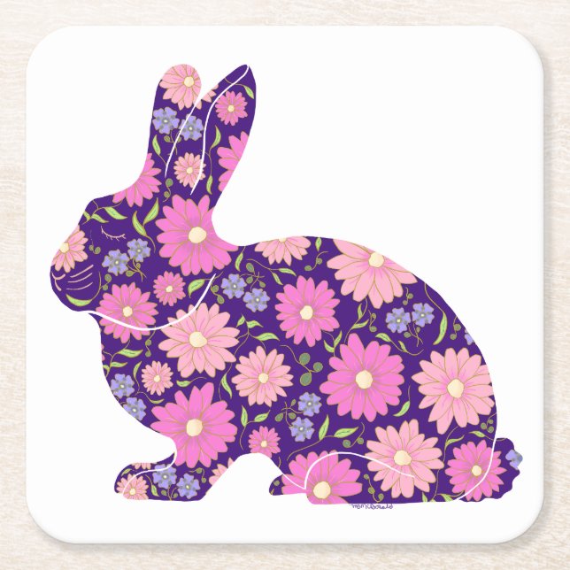 Rosa Retro bunny kanin och blommor Underlägg Papper Kvadrat (Framsidan)