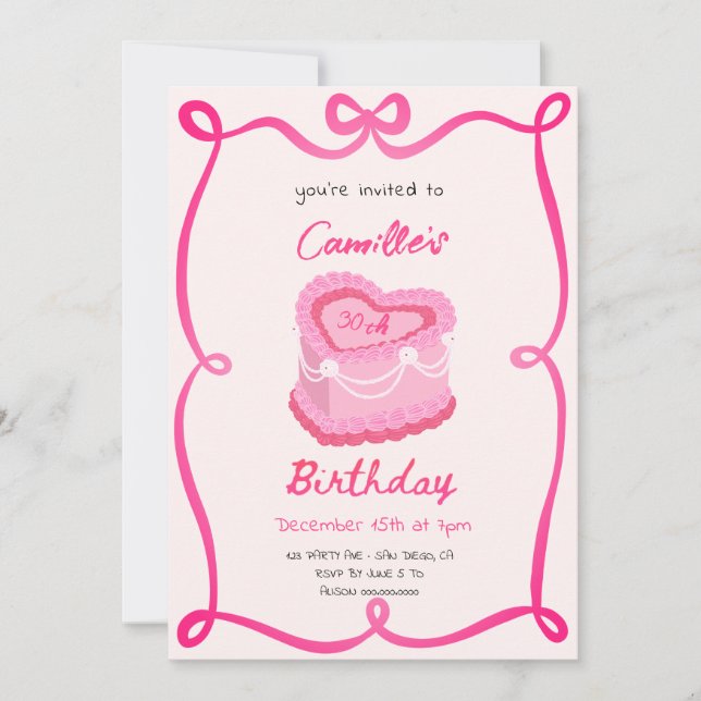 Rosa Retro Cake Birthday Inbjudningar (Framsida)