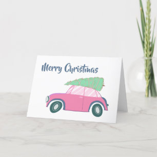 Rosa Retro Car och Träd Whimsique Julkonst Helgkort