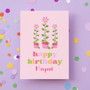 Rosa Retro Colorful Blommigt Personlig Birthday Kort