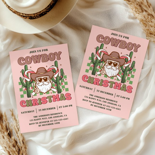 Rosa Retro Cowboy Julfest Inbjudningar (Skapare uppladdad)