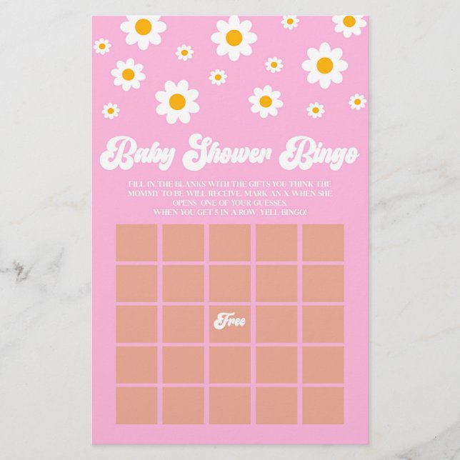 Rosa Retro Daisy Bingo Baby Shower-spel Brevpapper (Framsida)