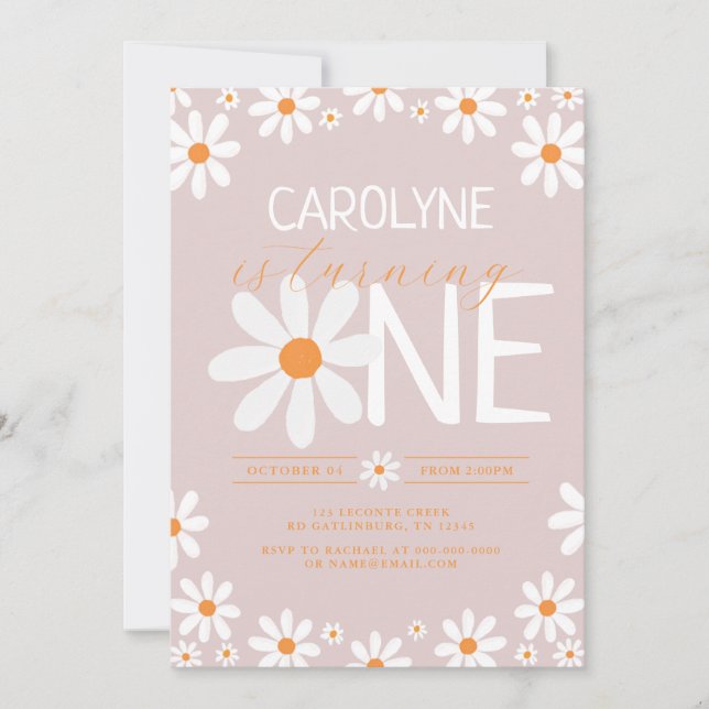 Rosa Retro Daisy First Födelsedagsfest inbjudan (Framsida)