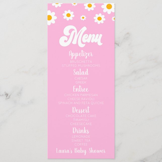 Rosa Retro Daisy Flower Baby Shower Food Meny (Framsida)
