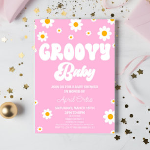 Rosa Retro Daisy Flower Groovy Baby Baby Shower Inbjudningar