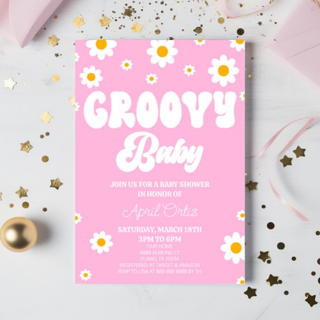 Rosa Retro Daisy Flower Groovy Baby Baby Shower Inbjudningar (Skapare uppladdad)