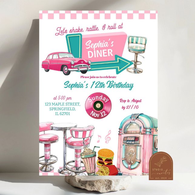 Rosa Retro Diner Flickas Födelsedagsfest Inbjudningar (Skapare uppladdad)