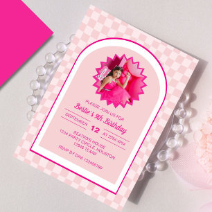 Rosa Retro Doll Lets Go Party Birthday Photo Inbjudningar
