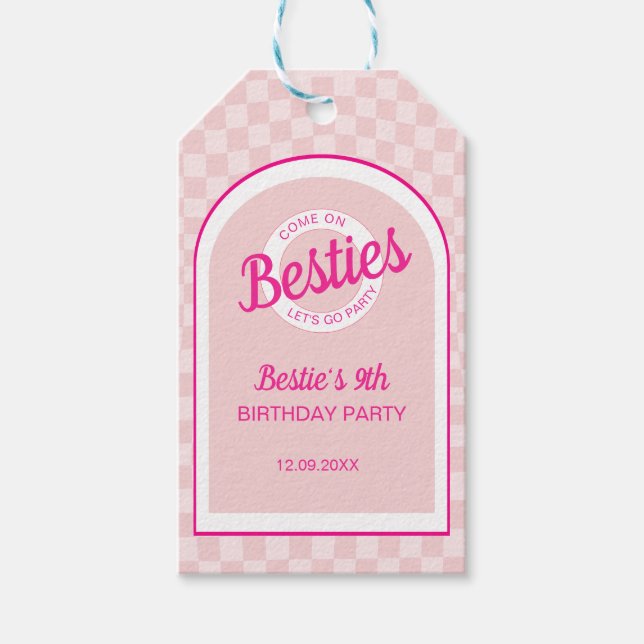 Rosa Retro Doll Lets Go Party Birthday Presentetikett (Framsidan)