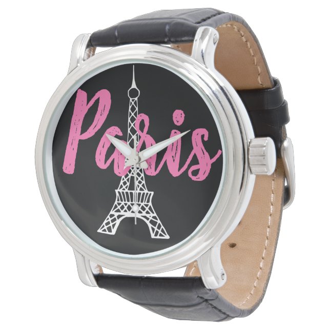 Rosa Retro Eiffel Torn Paris kvinnobevakning Armbandsur (Vinklad)