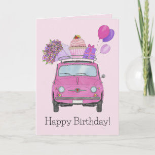 Rosa Retro Fiat 500 födelsedagskort Kort