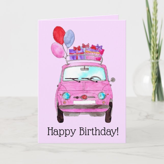Rosa Retro Fiat 500 födelsedagskort Kort (Framsida)