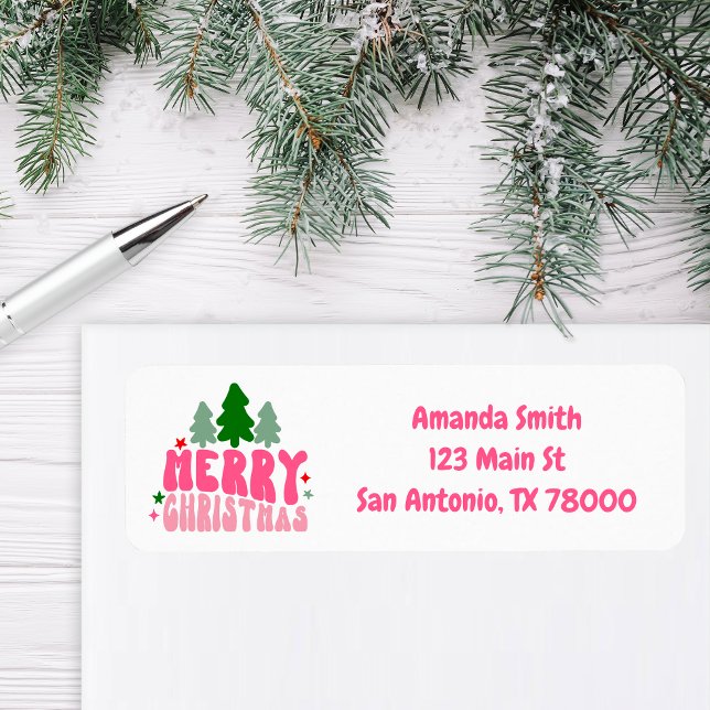 Rosa Retro God jul Returadress Etikett (Retro Christmas Address Sticker)