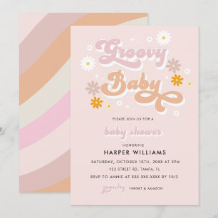 Rosa Retro Groovy Baby Shower Inbjudningar