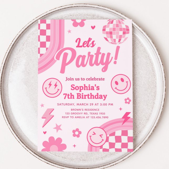 Rosa Retro Groovy Födelsedagsfest Inbjudningar (Pink Retro Groovy Let's Party Birthday Party Invitation)