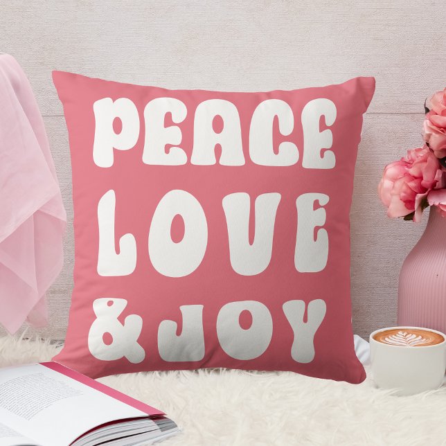 Rosa Retro Groovy Fred Kärlek Glädje Semester  Kudde (Pink Retro Groovy Peace Love Joy Holiday Throw Pillow)