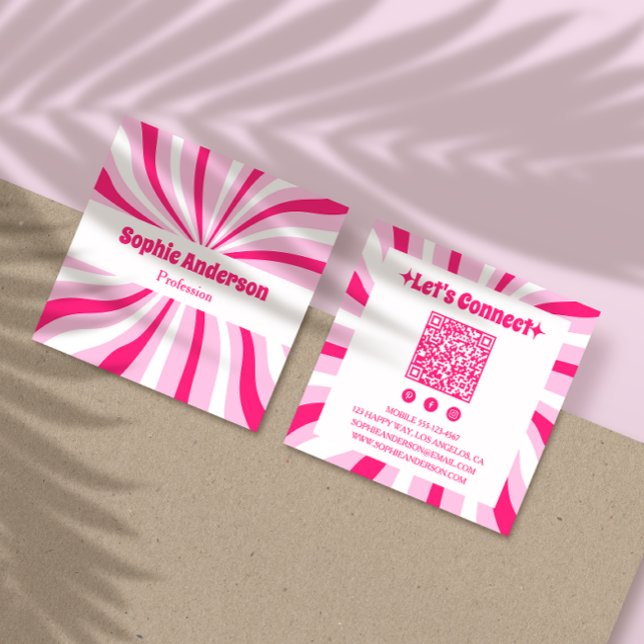 Rosa Retro Groovy Modern QR-kod Fyrkantigt Visitkort (Skapare uppladdad)