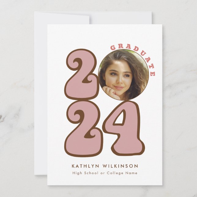 Rosa Retro Groovy Roligt Script Wildblomma Student Inbjudningar (Framsida)