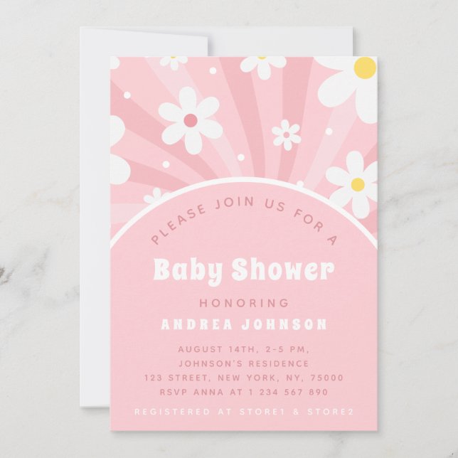 Rosa Retro Groovy Sunshine Blommigt Girl Baby Show Inbjudningar (Framsida)