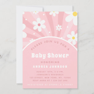 Rosa Retro Groovy Sunshine Blommigt Girl Baby Show Inbjudningar