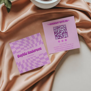 Rosa Retro Groovy Vågig Rutig med QR-kod Fyrkantigt Visitkort