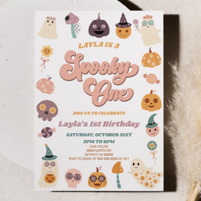 Rosa Retro Halloween-taloky Ett första födelsedag  Inbjudningar (Skapare uppladdad)