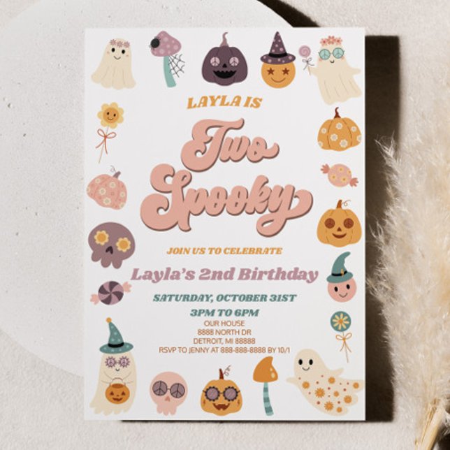 Rosa Retro Halloween två-taloky andra födelsedagen Inbjudningar (Skapare uppladdad)