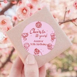 Rosa Retro Handritad Funky Cocktail Födelsedag Runt Klistermärke