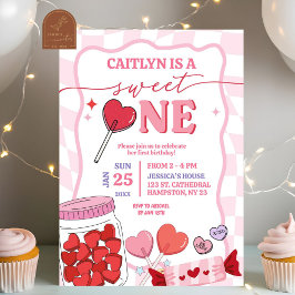 Rosa Retro Heart Candy Sweet One First Birthday Inbjudningar