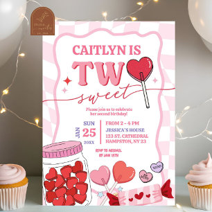 Rosa Retro Heart Candy Two Sweet Birthday Inbjudningar