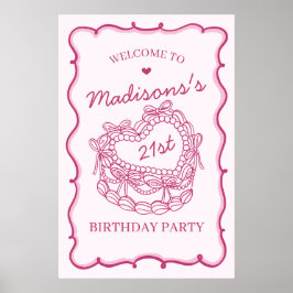Rosa Retro Heart Coquette Cake Birthday Välkommen Poster