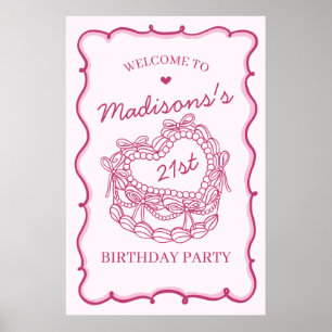 Rosa Retro Heart Coquette Cake Birthday Välkommen Poster