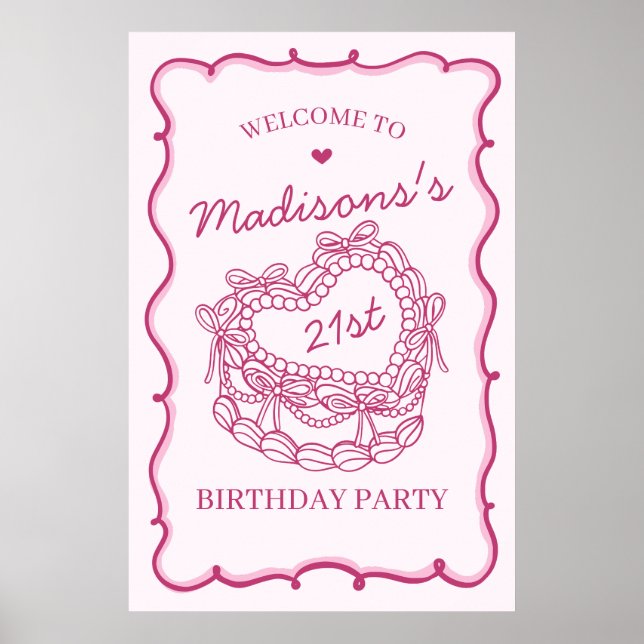 Rosa Retro Heart Coquette Cake Birthday Välkommen Poster (Framsidan)