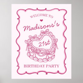 Rosa Retro Heart Coquette Cake Birthday Välkommen Poster